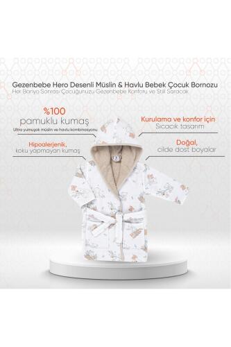 Gezenbebe Hero Desenli Müslin & Havlu Bebek Çocuk Bornozu - Teddy - 3