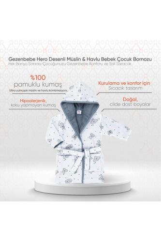 Gezenbebe Hero Desenli Müslin & Havlu Bebek Çocuk Bornozu - Koala - 2